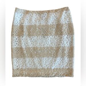 WHBM Size 4 Eyelet Lace Embroidered Tan & Cream Striped A Line Pencil Skirt